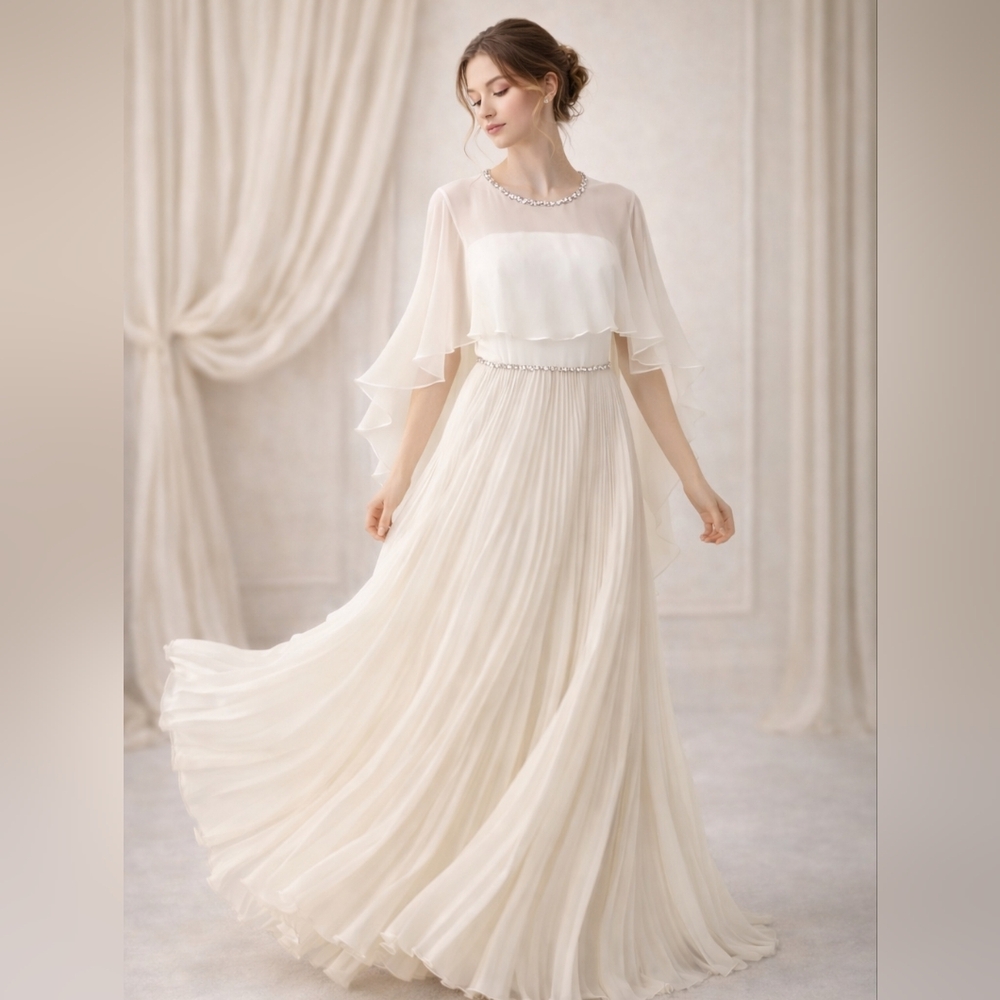 Jenny Packham Bloom Cape Ivory Chiffon Gown Rhinestone Embellished Pleated Dress - Picture 14 of 17